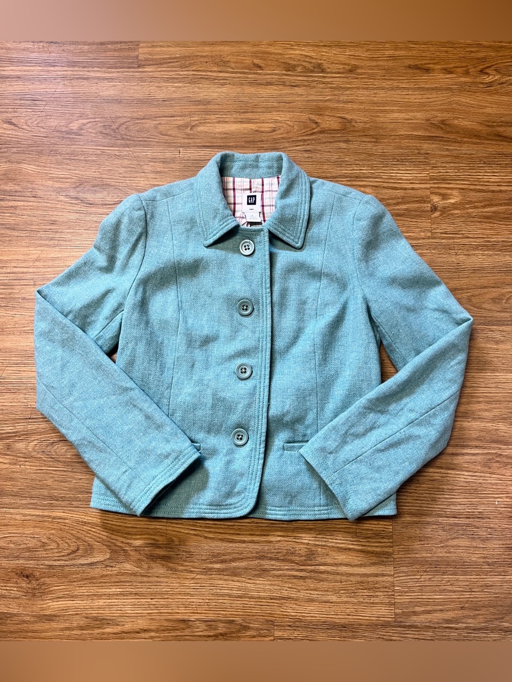 Vtg Y2K Gap Women’s Wool Blend Teal/Green Plaid Lined Button Down Blazer Preppy